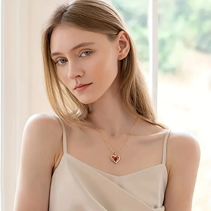 Luxury Red Zircon Pendant Necklaces With Rose Flower Gift Box For Girlfriend Women I Love You Jewelry